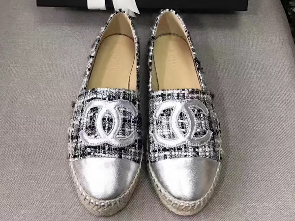 Chanel Espadrilles Metallic Lambskin and Tweed White Black and Silver For Sale