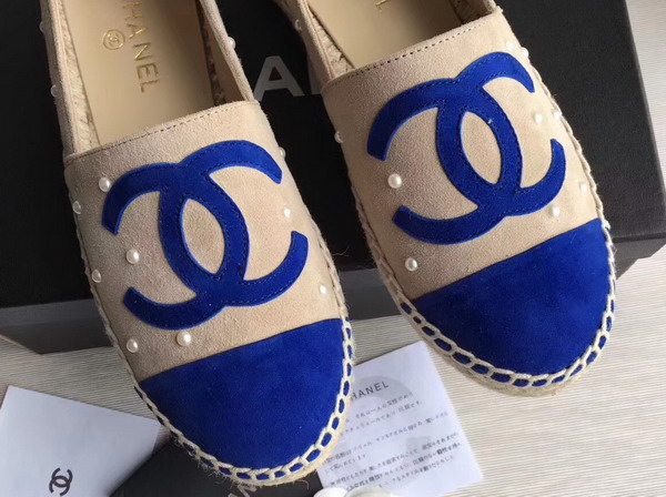 Chanel Espadrilles Suede Calfskin and Imitation Pearls Beige and Blue For Sale