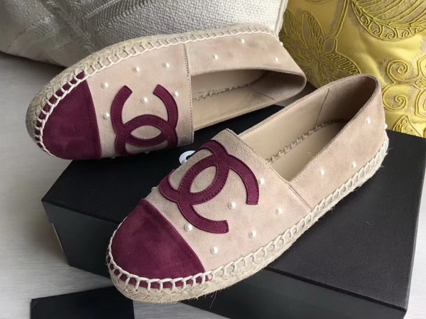 Chanel Espadrilles Suede Calfskin and Imitation Pearls Beige and Burgundy For Sale