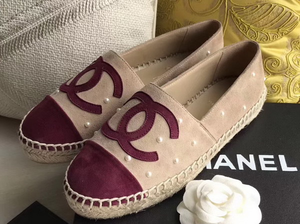 Chanel Espadrilles Suede Calfskin and Imitation Pearls Beige and Burgundy For Sale