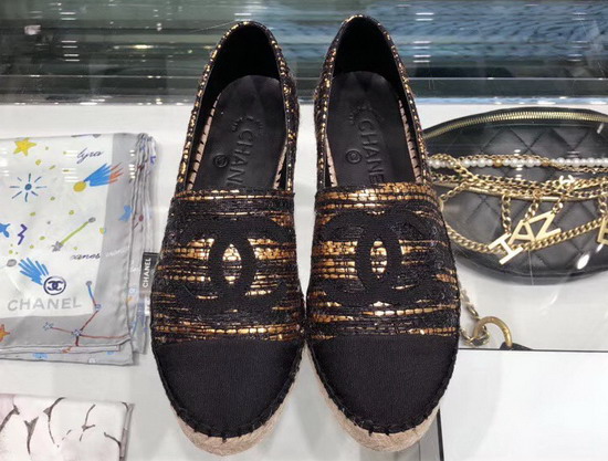 Chanel Espadrilles Tweed and Grosgrain Black and Gold