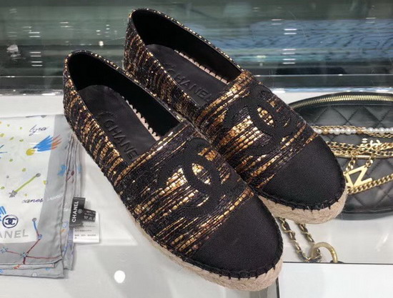 Chanel Espadrilles Tweed and Grosgrain Black and Gold