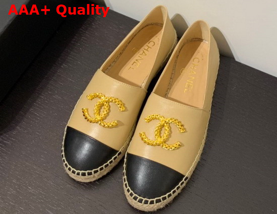 Chanel Espadrilles in Beige and Black Lambskin with Gold Metal CC Logo Replica