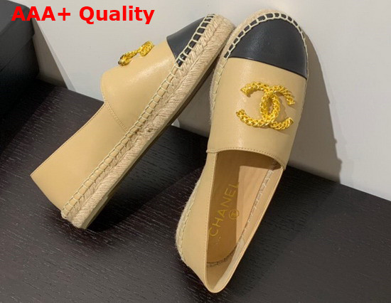 Chanel Espadrilles in Beige and Black Lambskin with Gold Metal CC Logo Replica