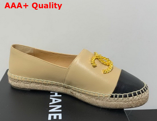 Chanel Espadrilles in Beige and Black Lambskin with Gold Metal CC Logo Replica