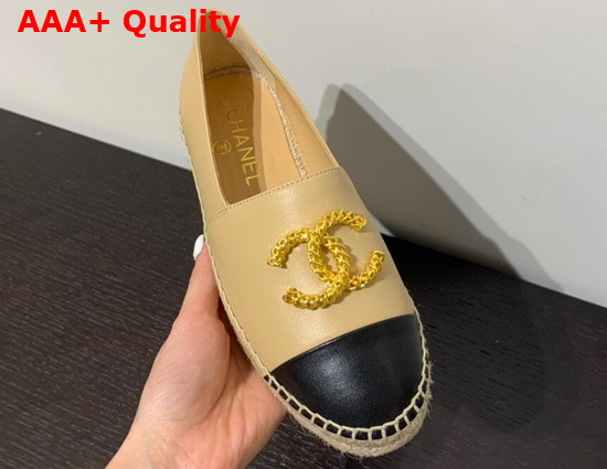 Chanel Espadrilles in Beige and Black Lambskin with Gold Metal CC Logo Replica