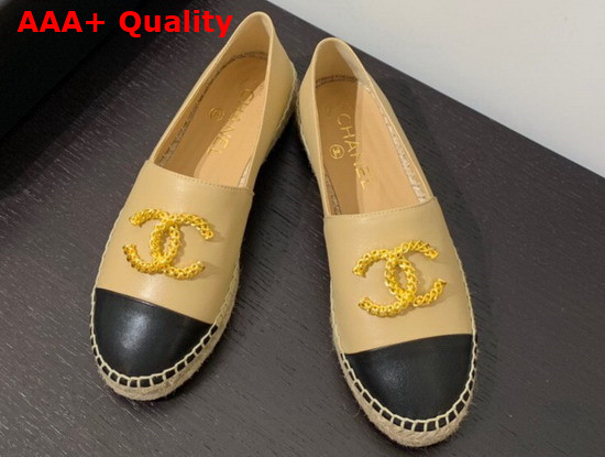 Chanel Espadrilles in Beige and Black Lambskin with Gold Metal CC Logo Replica