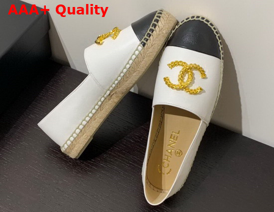 Chanel Espadrilles in White and Black Lambskin with Gold Metal CC Logo Replica