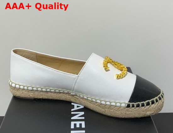 Chanel Espadrilles in White and Black Lambskin with Gold Metal CC Logo Replica