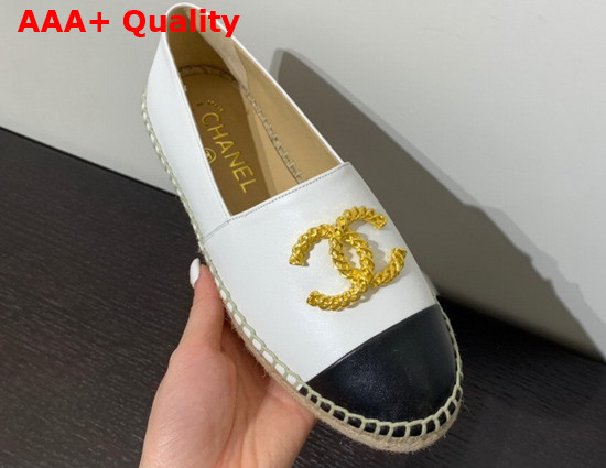 Chanel Espadrilles in White and Black Lambskin with Gold Metal CC Logo Replica