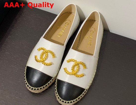 Chanel Espadrilles in White and Black Lambskin with Gold Metal CC Logo Replica