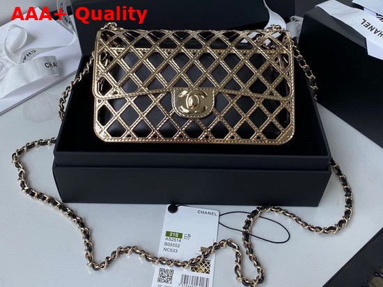 Chanel Evening Bag Gold Tone Metal Lambskin Gold and Black AS2514 Replica