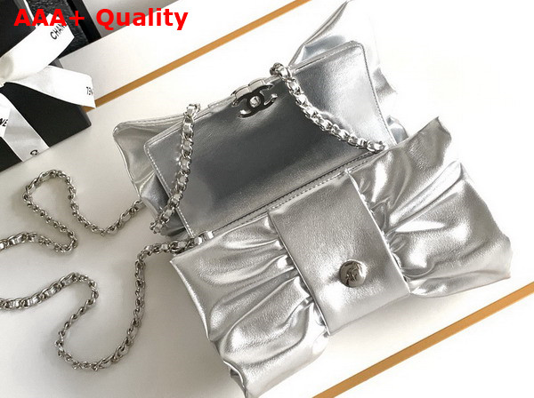 Chanel Evening Clutch Silver Metallic Lambskin Silver Tone Metal AS5129 Replica