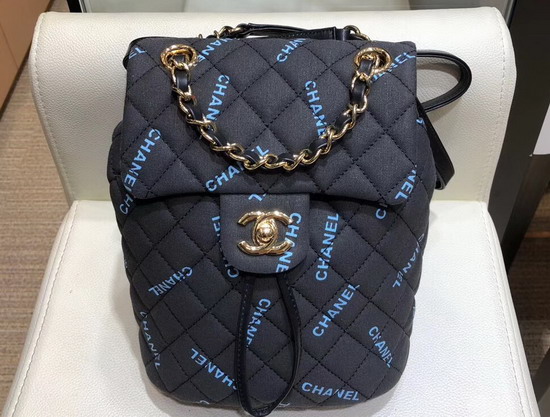 Chanel Fabric Backpack in Black with All Over Blue Chanel Logo