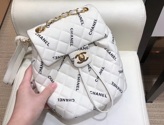 Chanel Fabric Backpack in White with All Over Black Chanel Logo