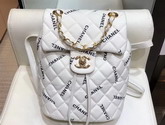 Chanel Fabric Backpack in White with All Over Black Chanel Logo