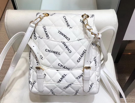 Chanel Fabric Backpack in White with All Over Black Chanel Logo