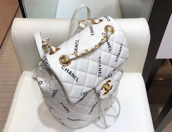 Chanel Fabric Backpack in White with All Over Black Chanel Logo