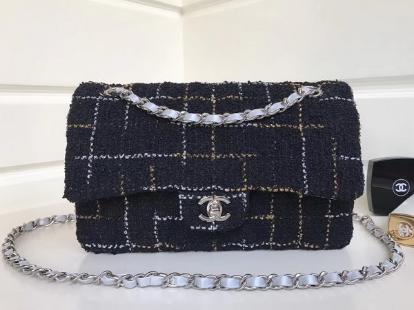 Chanel Flap Bag Black Tweed and Silver Lambskin For Sale