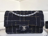 Chanel Flap Bag Black Tweed and Silver Lambskin For Sale