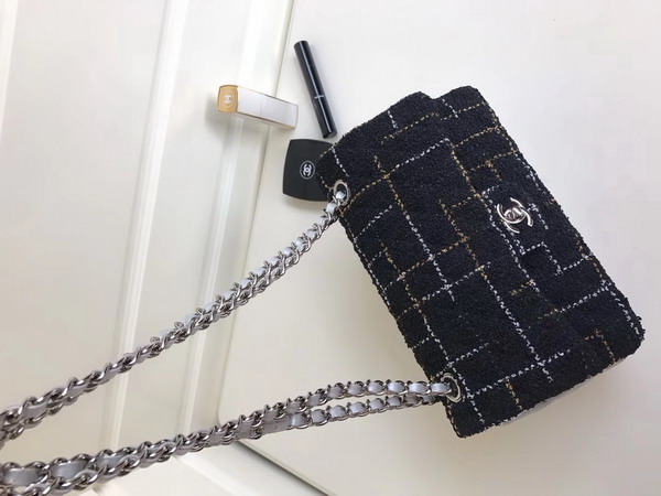 Chanel Flap Bag Black Tweed and Silver Lambskin For Sale