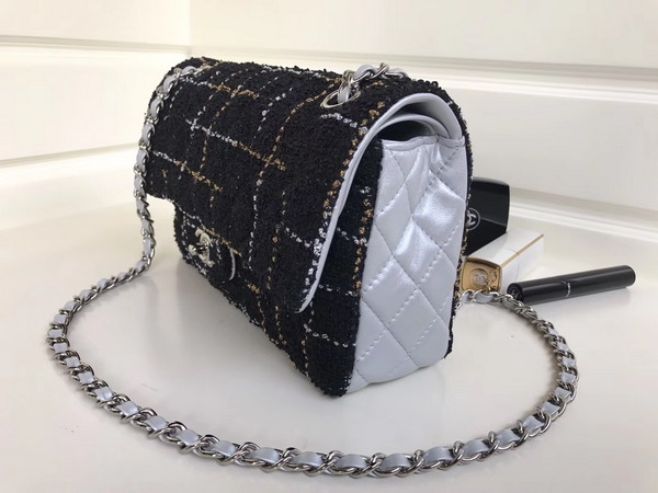 Chanel Flap Bag Black Tweed and Silver Lambskin For Sale