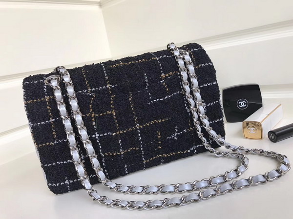 Chanel Flap Bag Black Tweed and Silver Lambskin For Sale