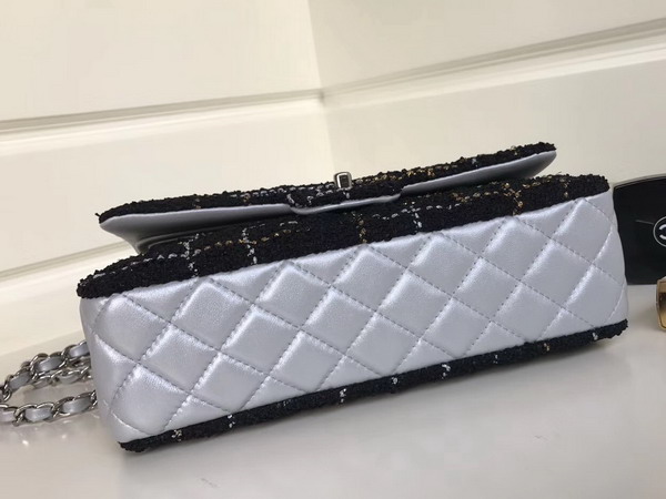 Chanel Flap Bag Black Tweed and Silver Lambskin For Sale