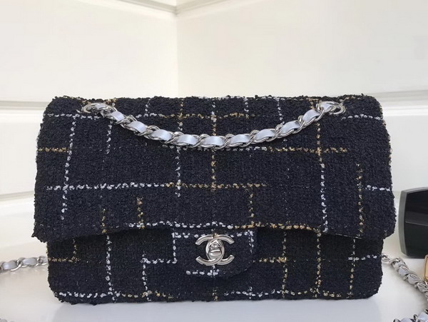 Chanel Flap Bag Black Tweed and Silver Lambskin For Sale