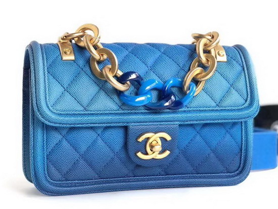 Chanel Flap Bag Blue Grained Calfskin Resin and Gold Tone Metal