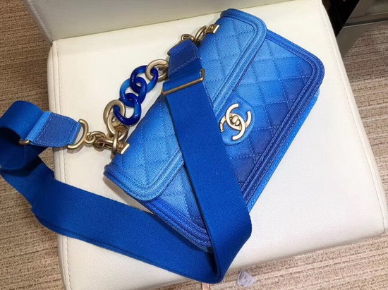 Chanel Flap Bag Blue Grained Calfskin Resin and Gold Tone Metal AS0061