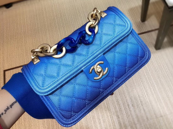 Chanel Flap Bag Blue Grained Calfskin Resin and Gold Tone Metal AS0061