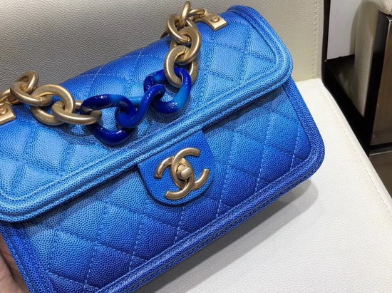 Chanel Flap Bag Blue Grained Calfskin Resin and Gold Tone Metal AS0061