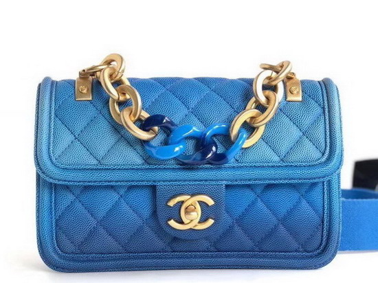 Chanel Flap Bag Blue Grained Calfskin Resin and Gold Tone Metal