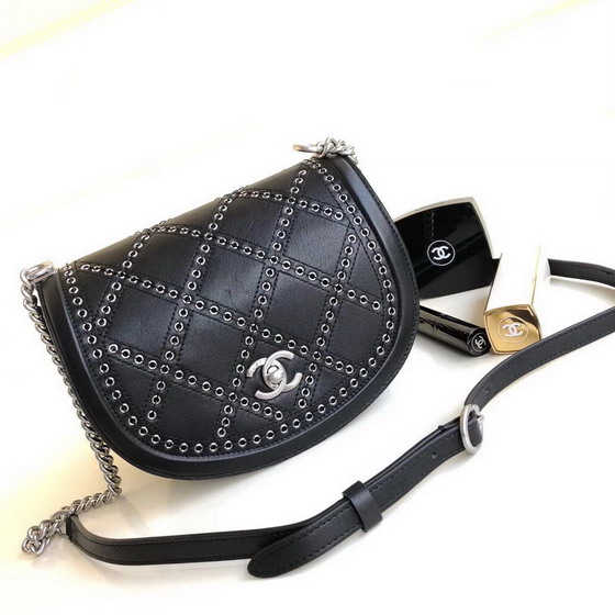 Chanel Flap Bag Calfskin Eyelets Silver Tone Black