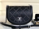 Chanel Flap Bag Calfskin Eyelets Silver Tone Black