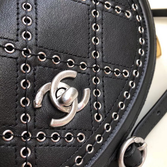 Chanel Flap Bag Calfskin Eyelets Silver Tone Black