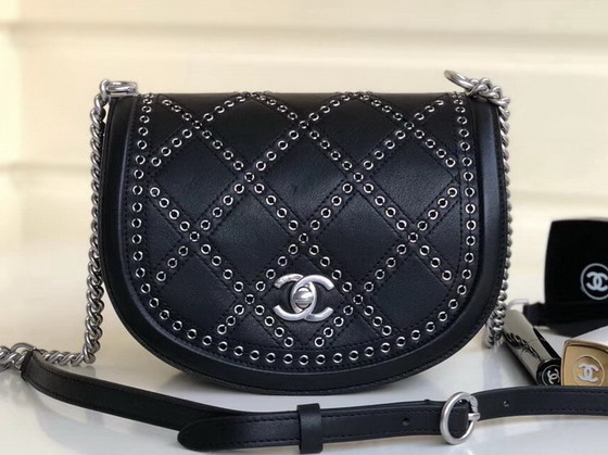 Chanel Flap Bag Calfskin Eyelets Silver Tone Black