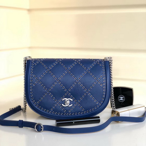 Chanel Flap Bag Calfskin Eyelets Silver Tone Blue