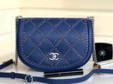 Chanel Flap Bag Calfskin Eyelets Silver Tone Blue