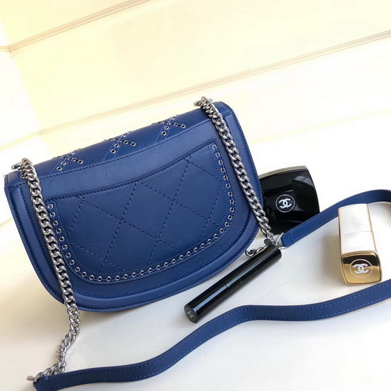 Chanel Flap Bag Calfskin Eyelets Silver Tone Blue