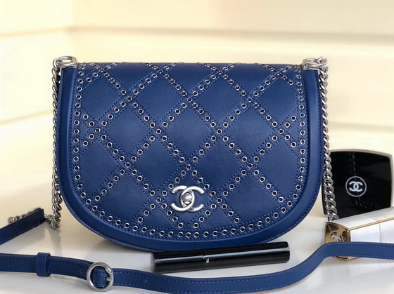 Chanel Flap Bag Calfskin Eyelets Silver Tone Blue