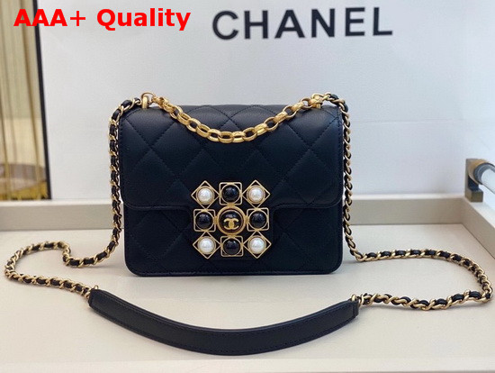 Chanel Flap Bag Calfskin Onyx Pearls and Gold Tone Metal Black AS1889 Replica