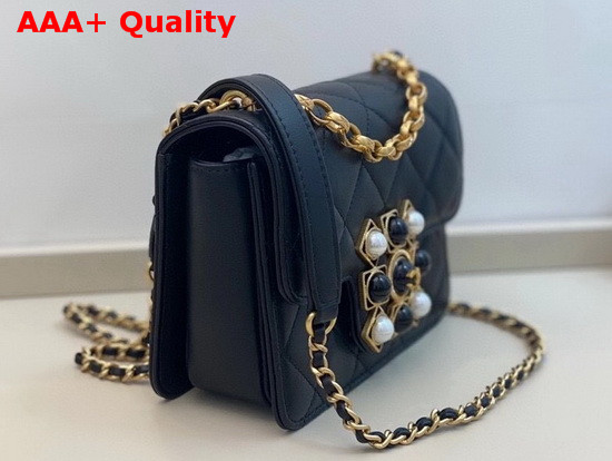 Chanel Flap Bag Calfskin Onyx Pearls and Gold Tone Metal Black AS1889 Replica