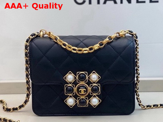 Chanel Flap Bag Calfskin Onyx Pearls and Gold Tone Metal Black AS1889 Replica