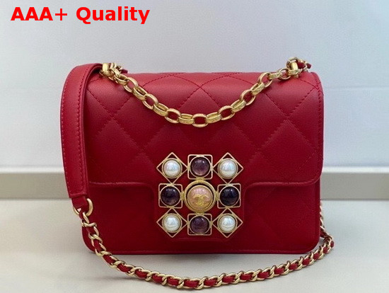 Chanel Flap Bag Calfskin Onyx Pearls and Gold Tone Metal Red AS1889 Replica