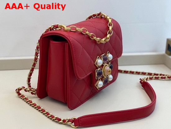 Chanel Flap Bag Calfskin Onyx Pearls and Gold Tone Metal Red AS1889 Replica