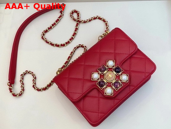 Chanel Flap Bag Calfskin Onyx Pearls and Gold Tone Metal Red AS1889 Replica