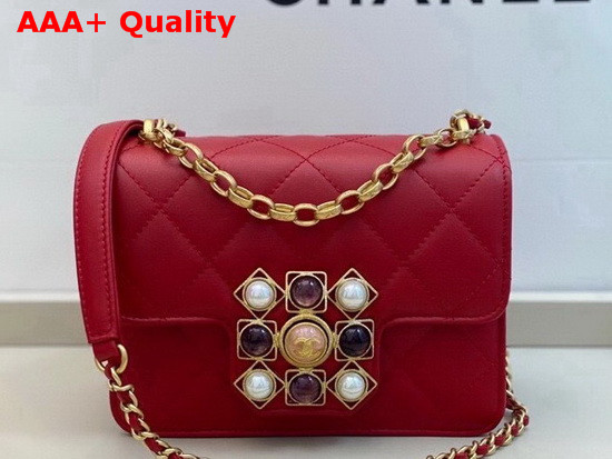 Chanel Flap Bag Calfskin Onyx Pearls and Gold Tone Metal Red AS1889 Replica