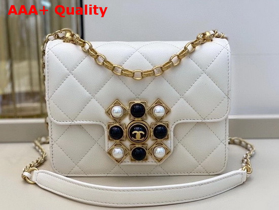 Chanel Flap Bag Calfskin Onyx Pearls and Gold Tone Metal White AS1889 Replica